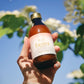 Hand holding a bottle labeled 'faenix' against a natural background with greenery and blue sky.