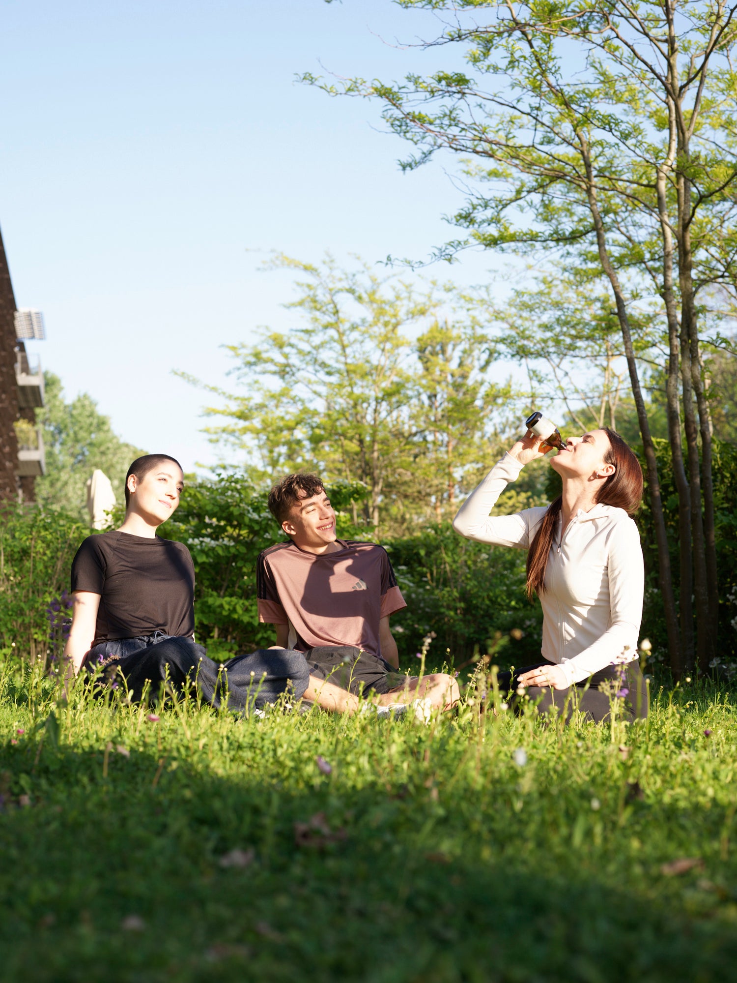 Three people sitting on grass in a park with trees and blue sky.