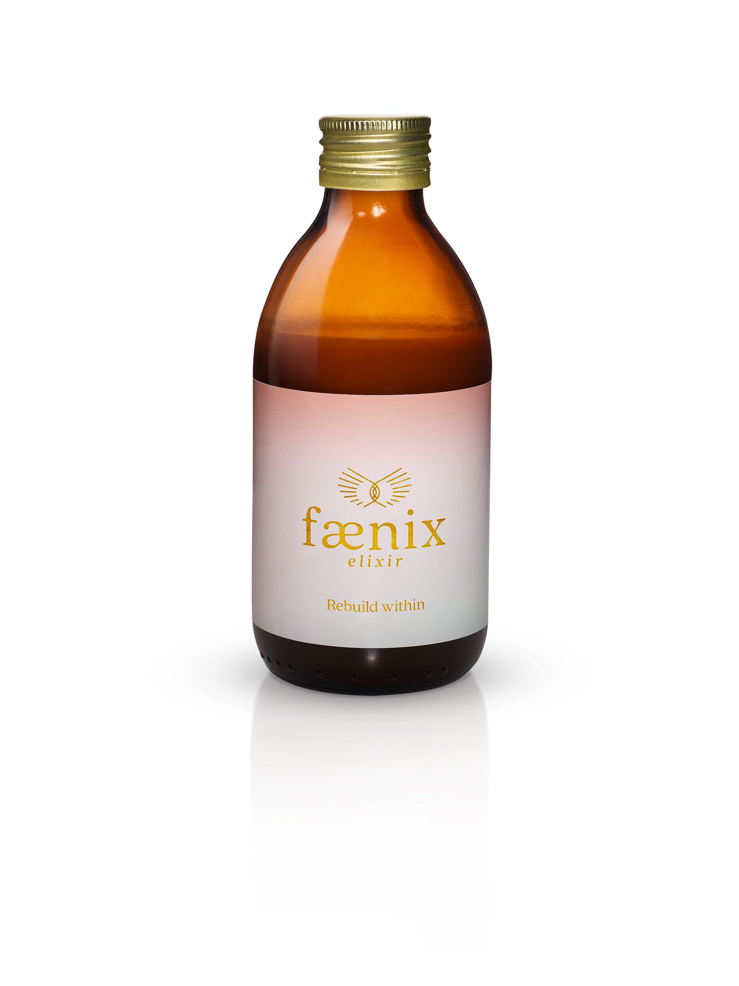 Brown bottle with gold cap and 'faenix' label on a white background